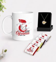 Kişiye Özel Bugün Günlerden Öğretmen Beyaz Kupa Çikolata ve İsimli Papatya Kolye Hediye Seti-2