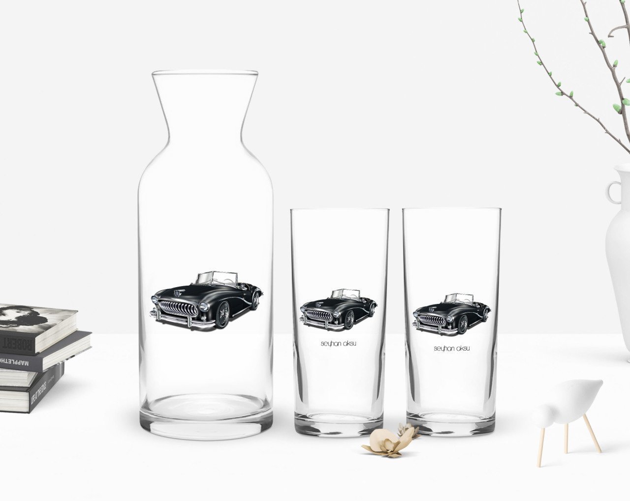 Kişiye Özel Renkli Baskılı Retro Otomobil Tasarımlı İkili Rakı Bardağı ve Karaf Hediye Seti-1