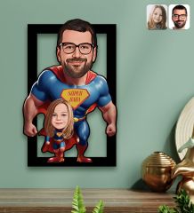 BK Gift Kişiye Özel Süper Baba-Çocuk Karikatürlü 3D Ahşap Tablo-2, Babalar Günü Hediyesi, Babaya Hediye