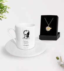 Kişiye Özel Atatürk Öğretmen Temalı Türk Kahvesi Fincanı ve İsimli Papatya Kolye Hediye Seti-2