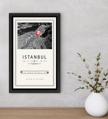 Kişiye Özel Siyah Beyaz İstanbul Haritası Tasarımlı Dekoratif Ahşap Siyah Çerçeveli Tablo-1