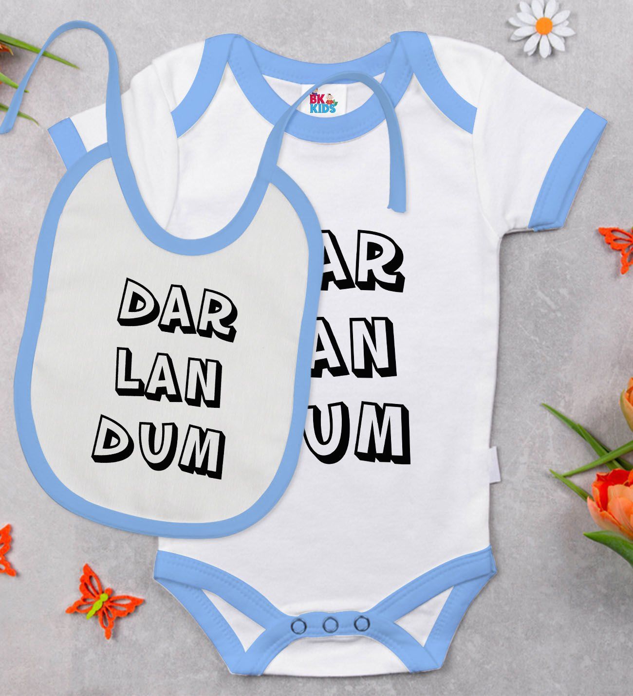 BK Kids Darlandum Tasarımlı Mavi Bebek Body Zıbın ve Mama Önlüğü Hediye Seti-2