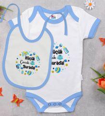 BK Kids Küçük Çocuk Burada Tasarımlı Mavi Bebek Body Zıbın ve Mama Önlüğü Hediye Seti-1
