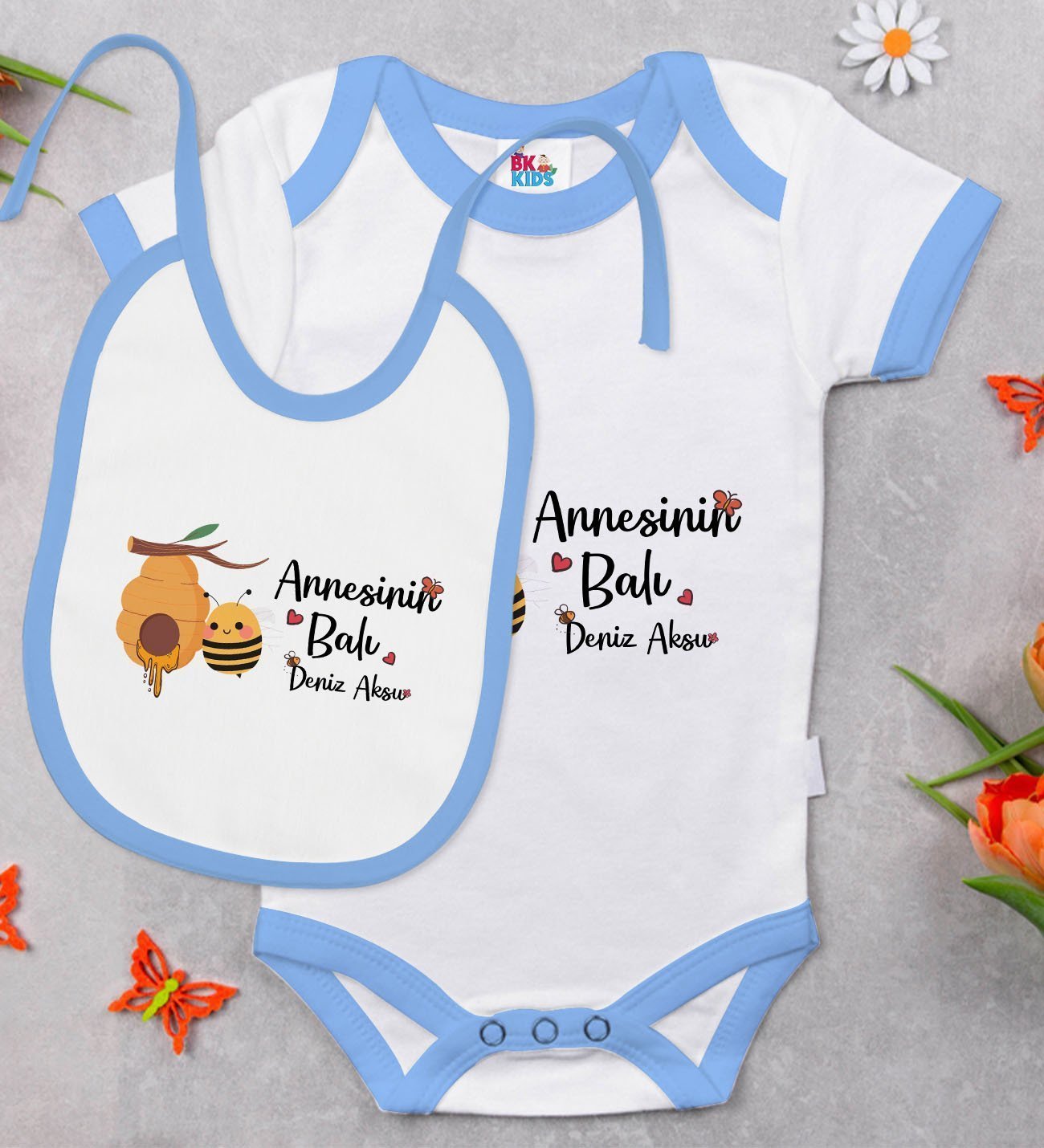 BK Kids Kişiye Özel Annesinin Balı Tasarımlı Mavi Bebek Body Zıbın ve Mama Önlüğü Hediye Seti