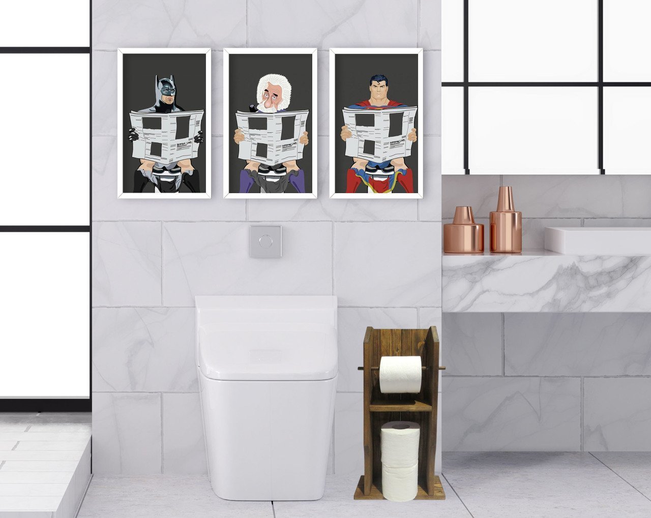 BK Home Doğal Masif Ahşap Tuvalet Kağıtlığı ve Dekoratif 3’lü Ahşap Beyaz Çerçeveli Tablo-7