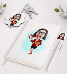 Kişiye Özel Kadın Emlakçı Karikatürlü Beyaz Defter Kalem ve Anahtarlık Hediye Seti-2