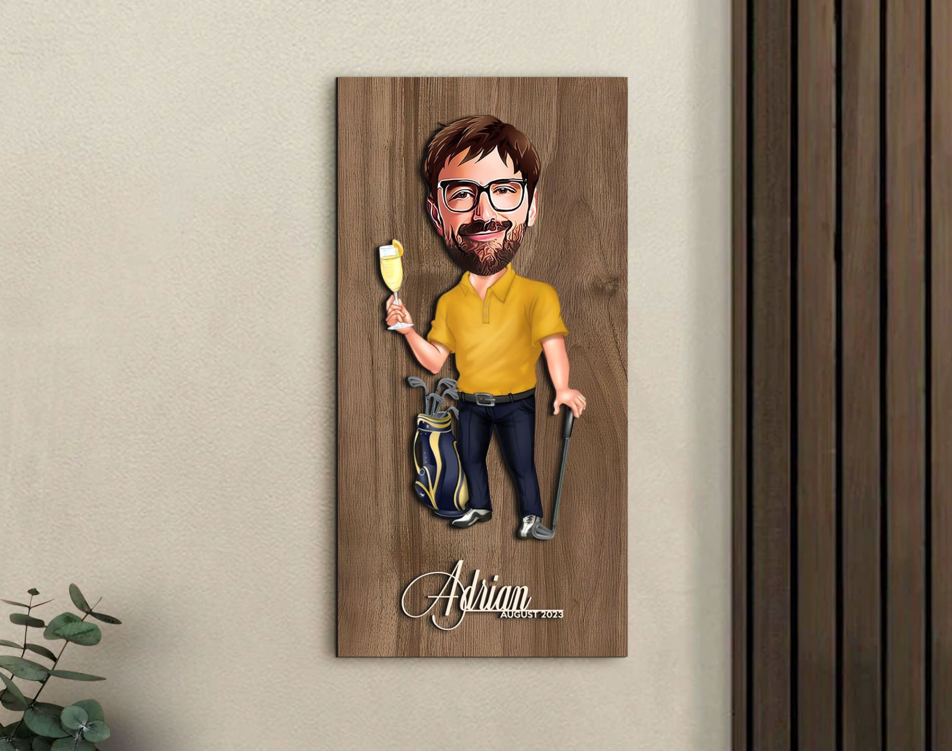 BK Gift Kişiye Özel Golf Oyuncusu Karikatürlü Kabartma Figürlü Ahşap Tablo-1, Arkadaşa Hediye, Sevgiliye Hediye, Duvar Dekoru