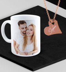 Kişiye Özel Fotoğraflı Kupa ve Rose Kalp Kolye Set