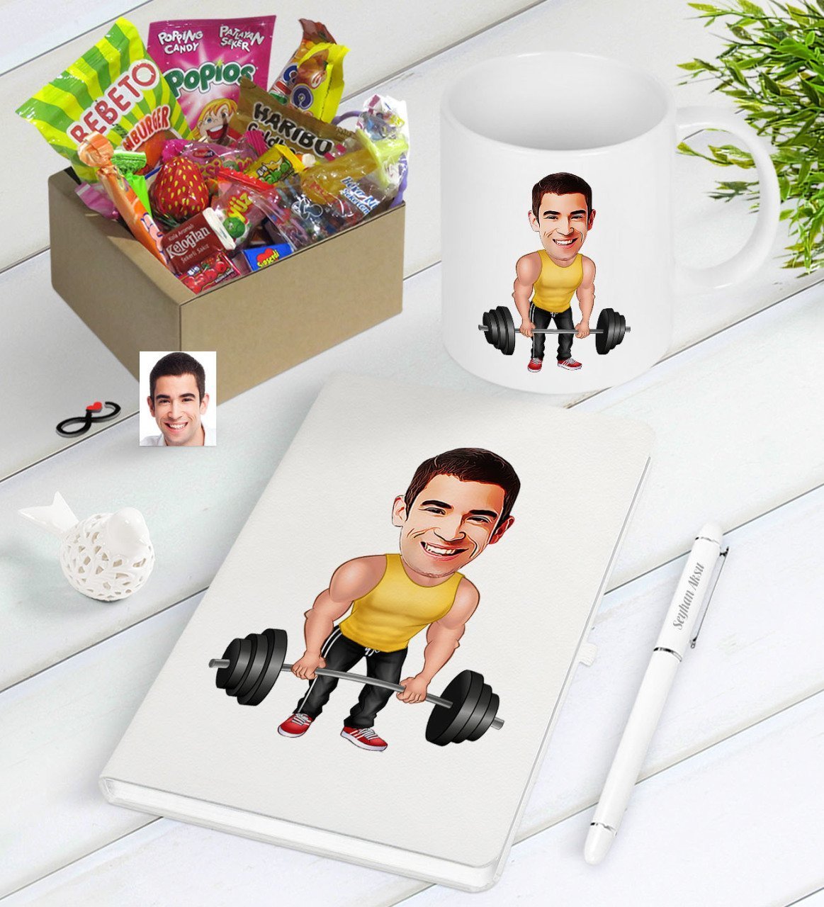 Kişiye Özel Bay Halter Sporcusu Karikatürlü Nostaljik Lezzetler Defter Kalem Kupa Hediye Seti