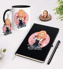 Kişiye Özel Kadın Kuaför Karikatürlü Siyah Defter Kalem Kupa ve Anahtarlık Hediye Seti-3