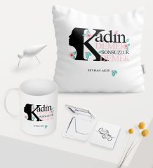 Kadınlar Gününe Özel Beyaz Kupa Ayna Yastık Seti - 3