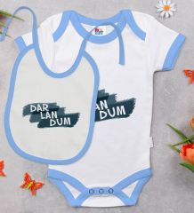 BK Kids Darlandum Tasarımlı Mavi Bebek Body Zıbın ve Mama Önlüğü Hediye Seti-1
