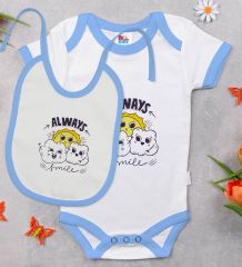 BK Kids Always Smile Tasarımlı Mavi Bebek Body Zıbın ve Mama Önlüğü Hediye Seti-1