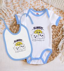 BK Kids Always Smile Tasarımlı Mavi Bebek Body Zıbın ve Mama Önlüğü Hediye Seti-1