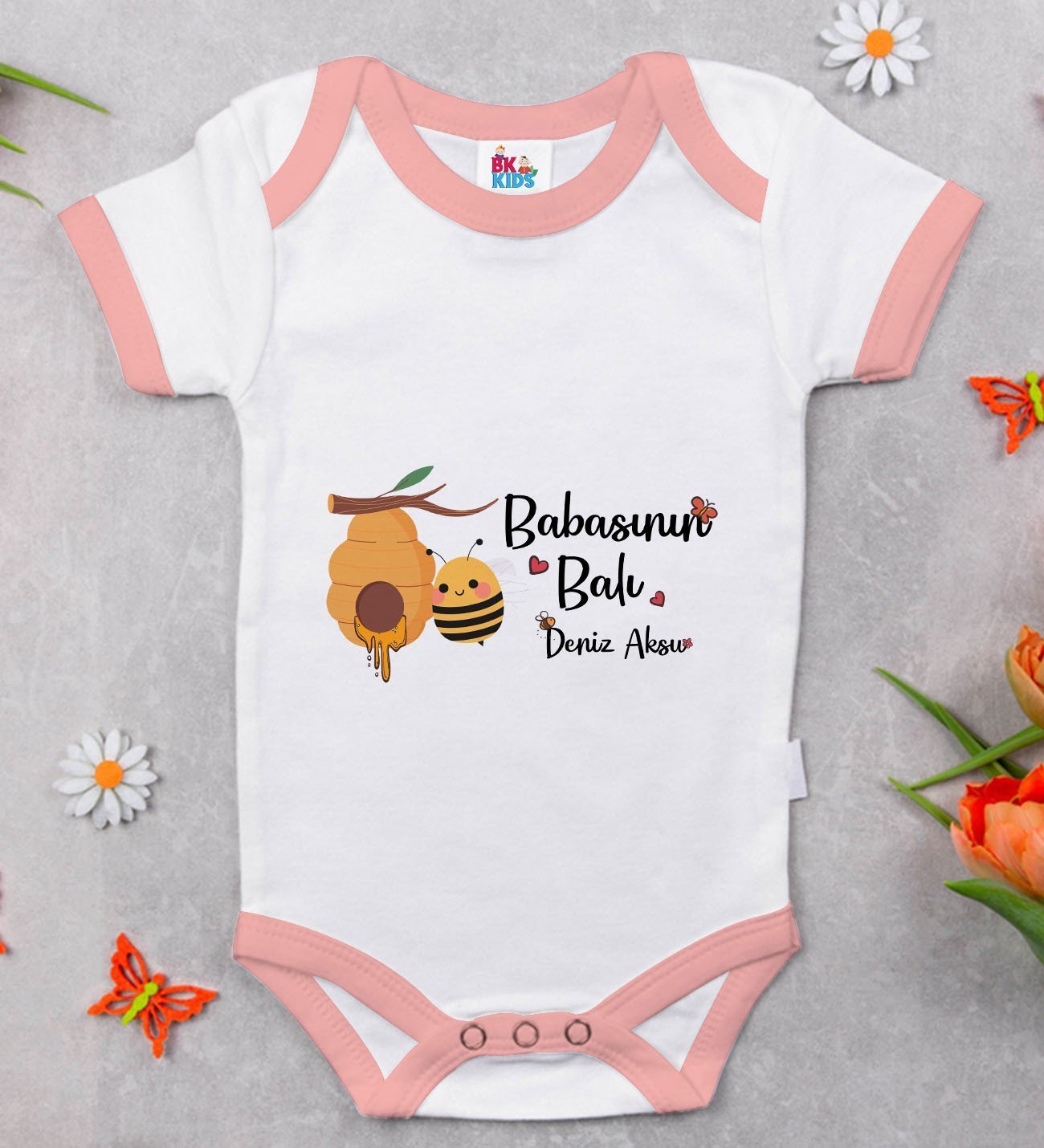 BK Kids Kişiye Özel Pembe Bebek Body Zıbın - Model 13