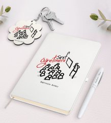 Kişiye Özel Sınıf Öğretmeni Beyaz Defter Kalem ve Anahtarlık Hediye Seti