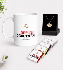 Kişiye Özel Biyoloji Öğretmeni Beyaz Kupa Çikolata ve İsimli Papatya Kolye Hediye Seti