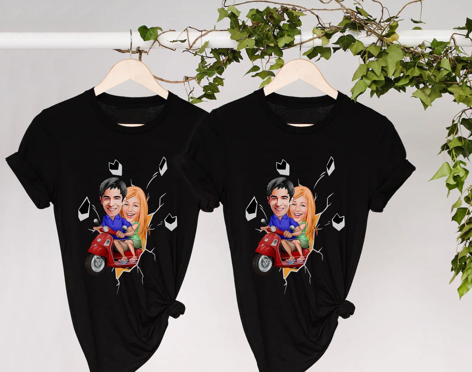 BK Gift Kişiye Özel Sevgililer Karikatürlü İkili Siyah T-shirt Seti, Sevgililer Hediye, Çift Hediyesi, Yıl Dönümü Hediyesi, Kişiye Özel Tişört-19
