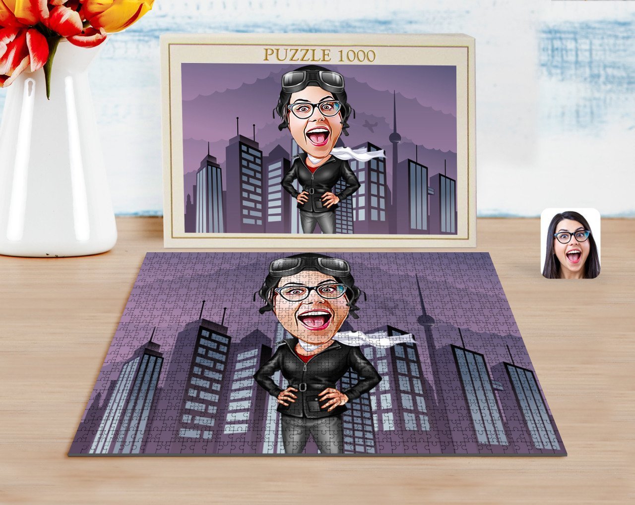 Kişiye Özel Kadın Pilot Karikatürlü 1000 Parça Profesyonel Puzzle-1