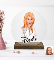 Kişiye Özel Kadın Model Karikatürlü Yuvarlak Ahşap Standlı Biblo-2