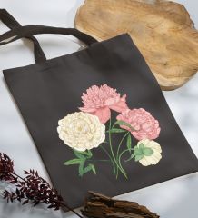 BK Gift Çiçek Tasarımlı-7 Antrasit Kumaş Bez Çanta, Baskılı Omuz Çantası, Alışveriş Çantası, Anneye Hediye