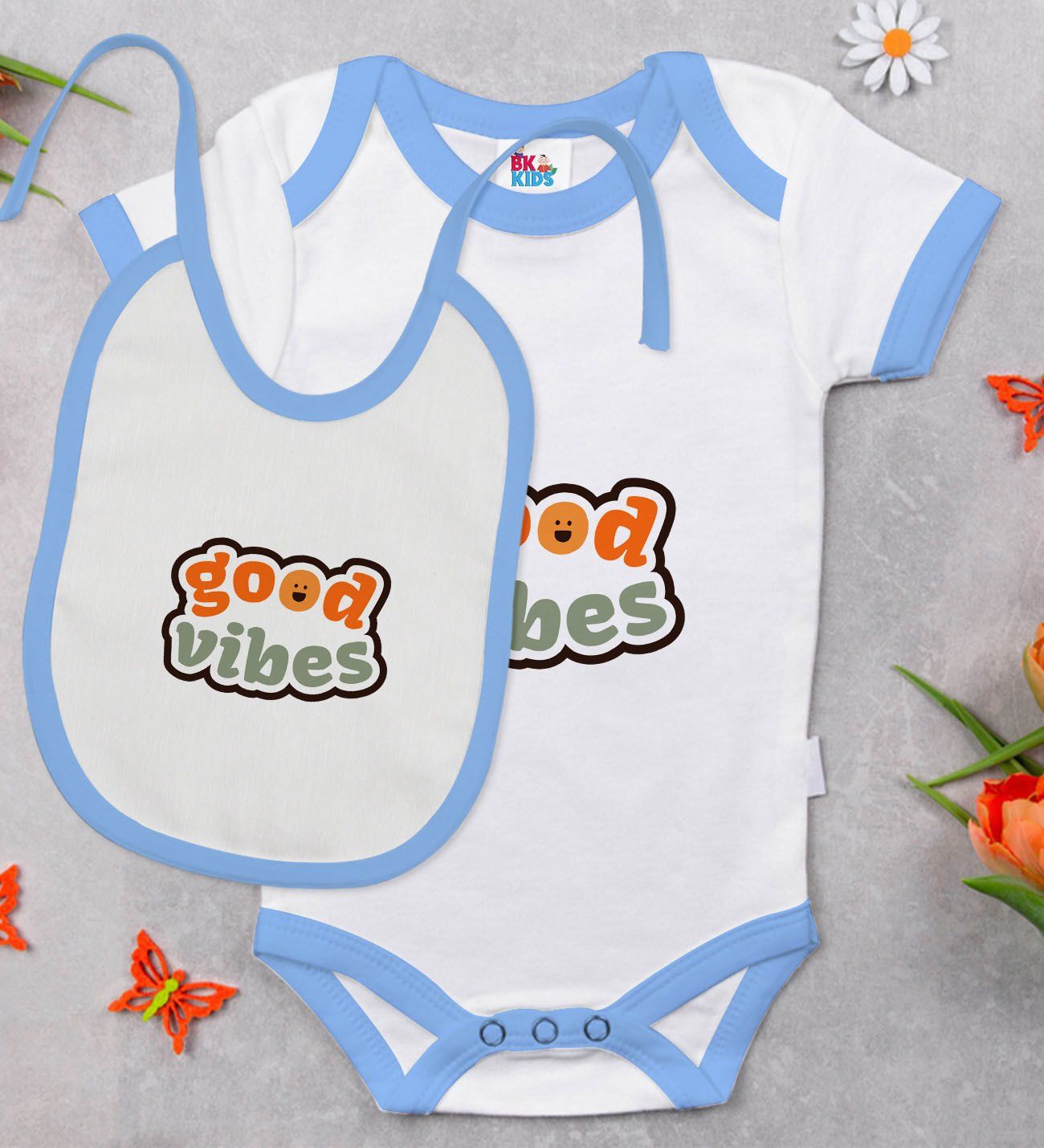 BK Kids Good Vibes Tasarımlı Mavi Bebek Body Zıbın ve Mama Önlüğü Hediye Seti-1