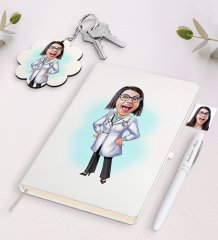 Kişiye Özel Kadın Doktor Karikatürlü Beyaz Defter Kalem ve Anahtarlık Hediye Seti-1