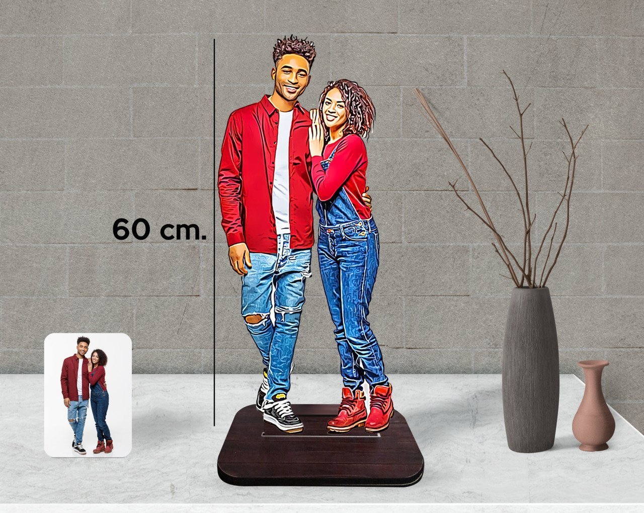 Kişiye Özel İkili Dev Boy Karikatürlü Ahşap Biblo 60cm
