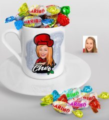 Kişiye Özel Bayan Chef Karikatürlü Türk Kahvesi Fincanı ve Haribo Şeker Hediye Seti-10