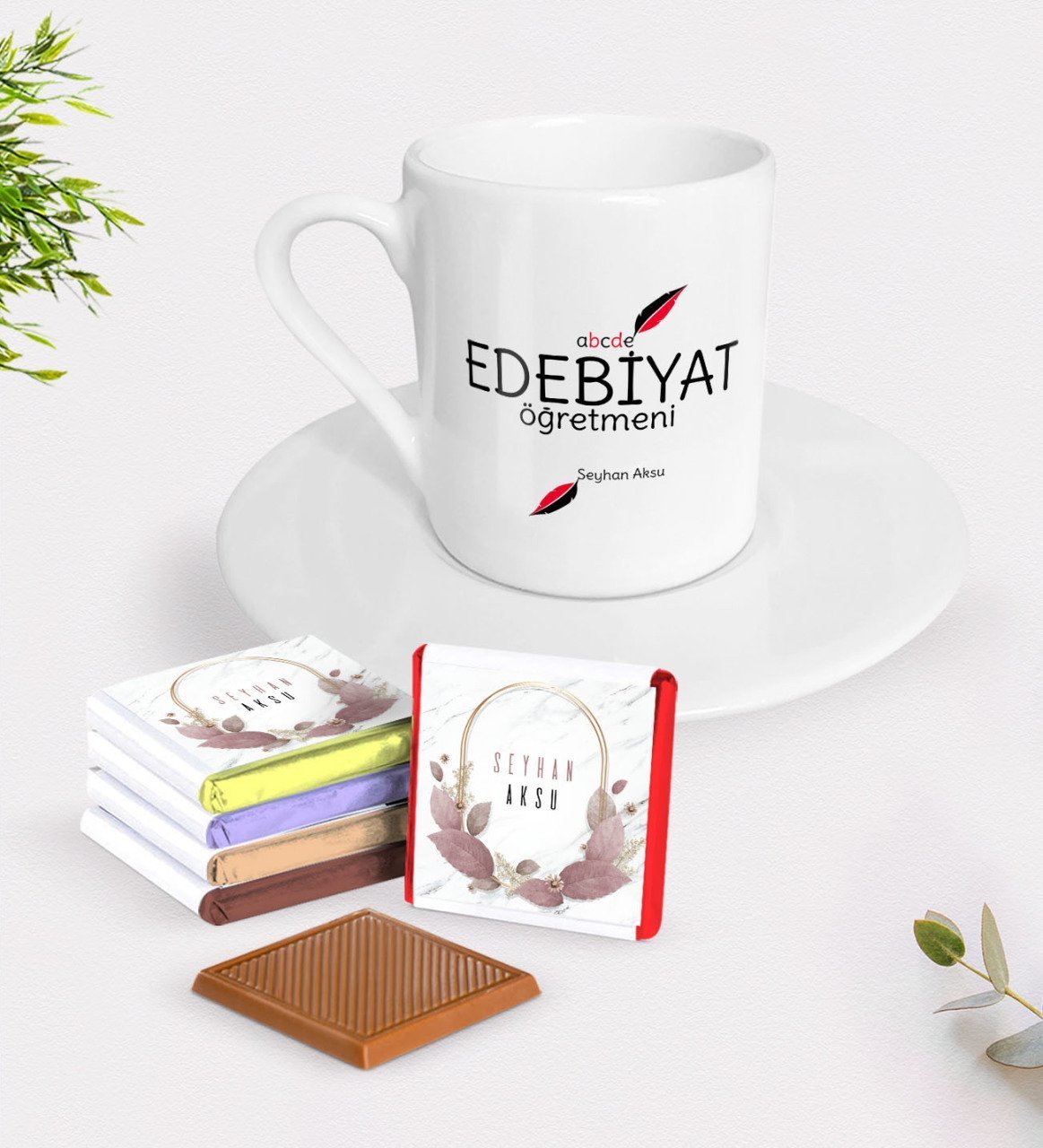 Kişiye Özel Edebiyat Öğretmeni Türk Kahvesi Fincanı ve Çikolata Hediye Seti-5