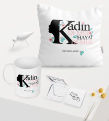 Kadınlar Gününe Özel Beyaz Kupa Ayna Yastık Seti - 1