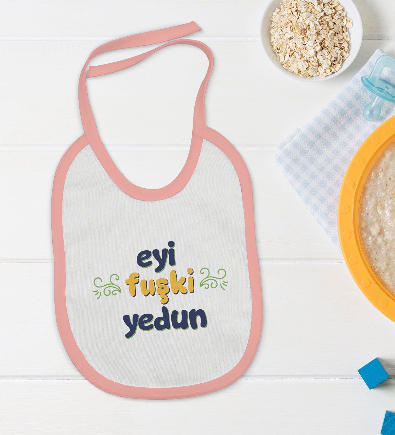 BK Kids Eyi Fuşki Yedun Tasarımlı Pembe Bebek Mama Önlüğü-1