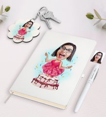 Kişiye Özel Kadın Doğum Günü Karikatürlü Beyaz Defter Kalem ve Anahtarlık Hediye Seti