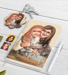 Kişiye Özel Kız Kardeşler Karikatürlü Beyaz Defter Kalem ve Anahtarlık Hediye Seti-4