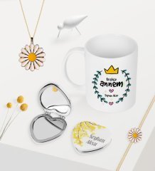 Kişiye Özel Kraliçe Annem Kupa Kalp Ayna Papatya Kolye Bileklik Seti