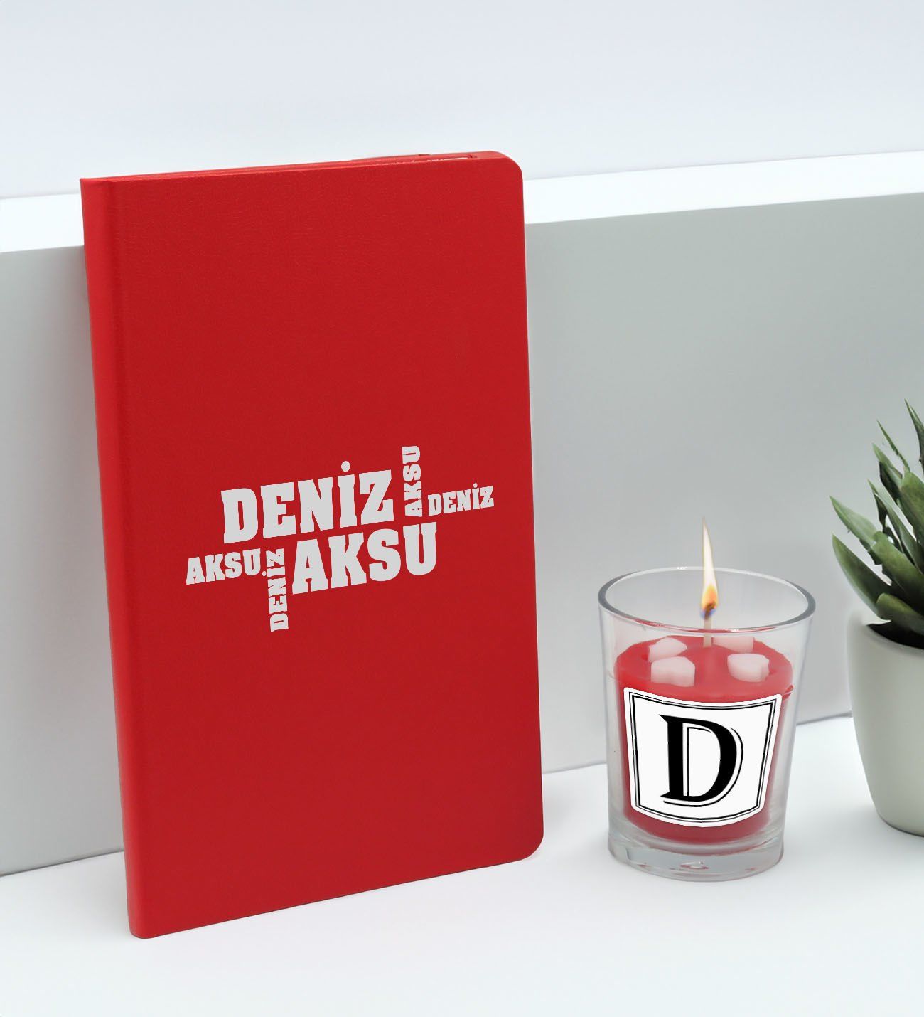 BK Gift Kişiye Özel İsimli Kırmızı Defter ve Cam Bardakta Kalp Figürlü Kokulu Mum Hediye Seti-8, Sevgiliye Hediye, Arkadaşa Hediye