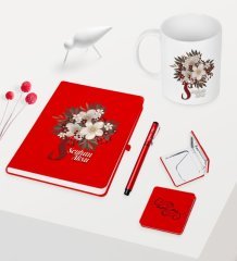 Kadınlar Gününe Özel Kırmızı Defter Kalem Kupa Ayna Seti - 17