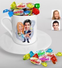 Kişiye Özel Sevgililer Günü Temalı Evleniyoruz Karikatürlü Türk Kahvesi Fincanı ve Haribo Şeker Hediye Seti-4