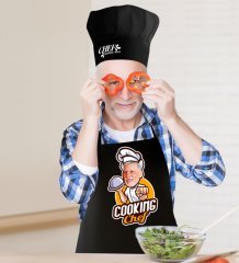 Kişiye Özel Bay Chef Karikatürlü Siyah Mutfak Önlüğü Aşçı Şapkası Seti-15