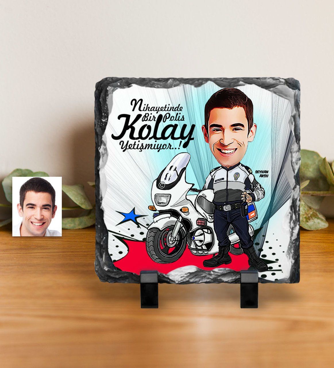 Kişiye Özel Bay Polis Karikatürlü Dekoratif Doğal Taş - 7