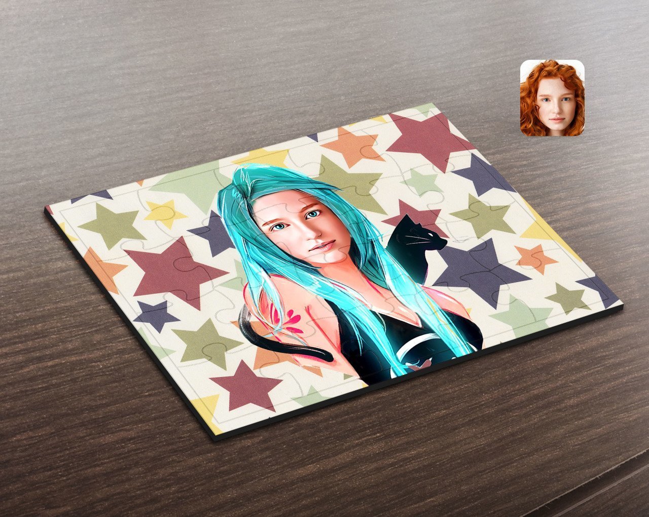 Kişiye Özel Kedili Kız Karikatürlü Ahşap Puzzle-1
