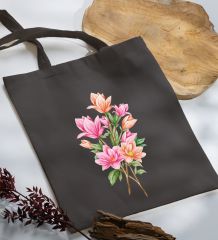 BK Gift Çiçek Tasarımlı-4 Antrasit Kumaş Bez Çanta, Baskılı Omuz Çantası, Alışveriş Çantası, Anneye Hediye