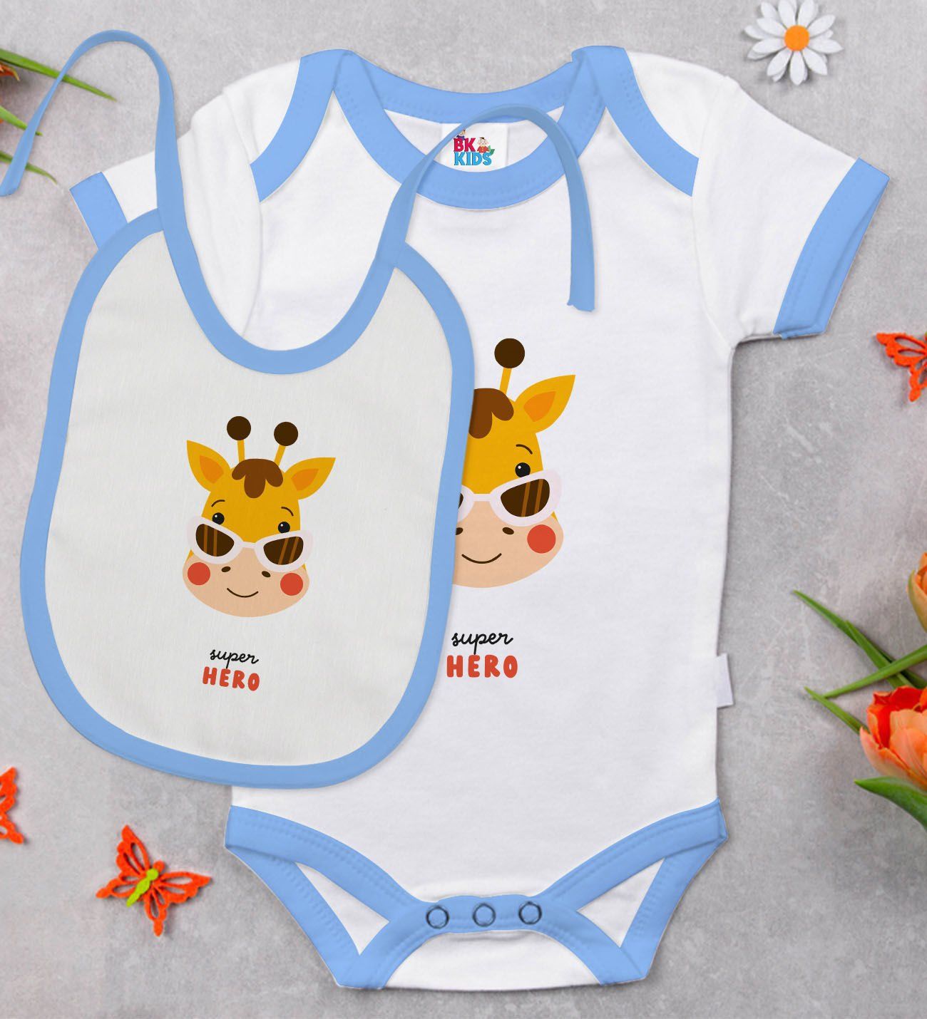 BK Kids Super Hero Tasarımlı Mavi Bebek Body Zıbın ve Mama Önlüğü Hediye Seti-1