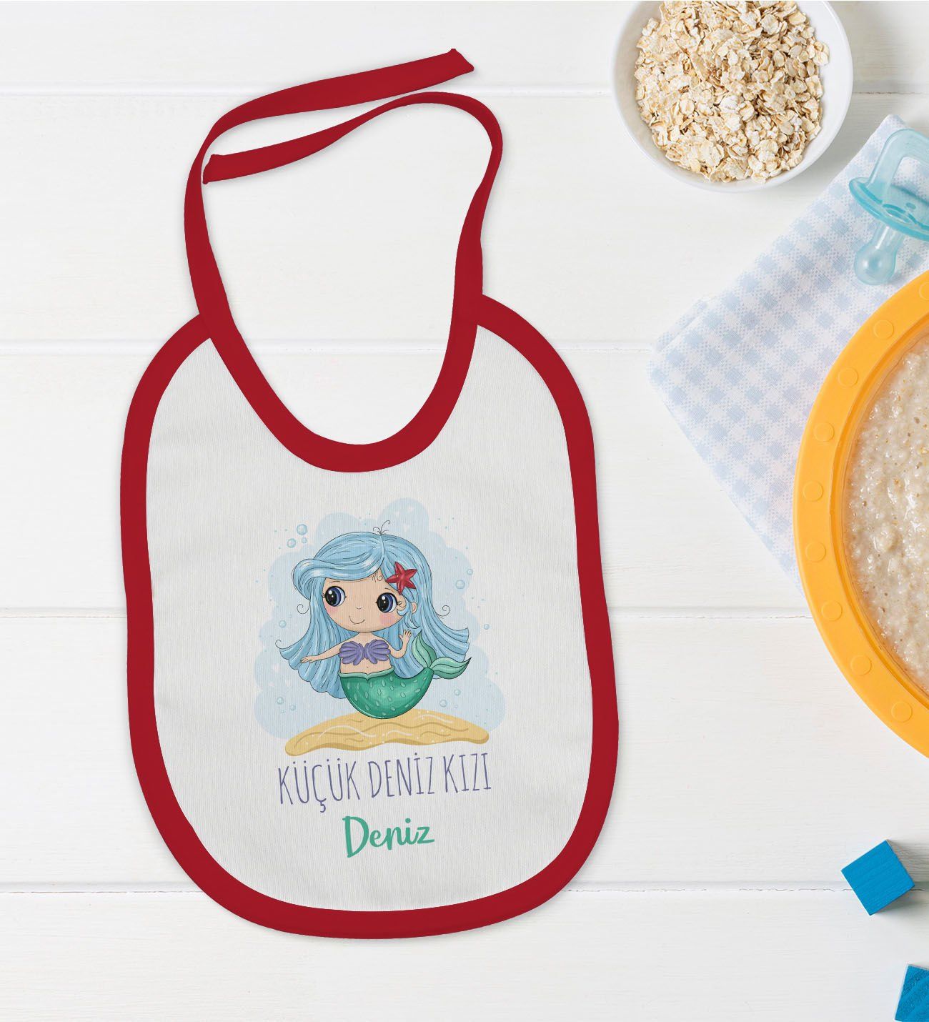 BK Kids Kişiye Özel Küçük Deniz Kızı Tasarımlı Kırmızı Bebek Mama Önlüğü-1