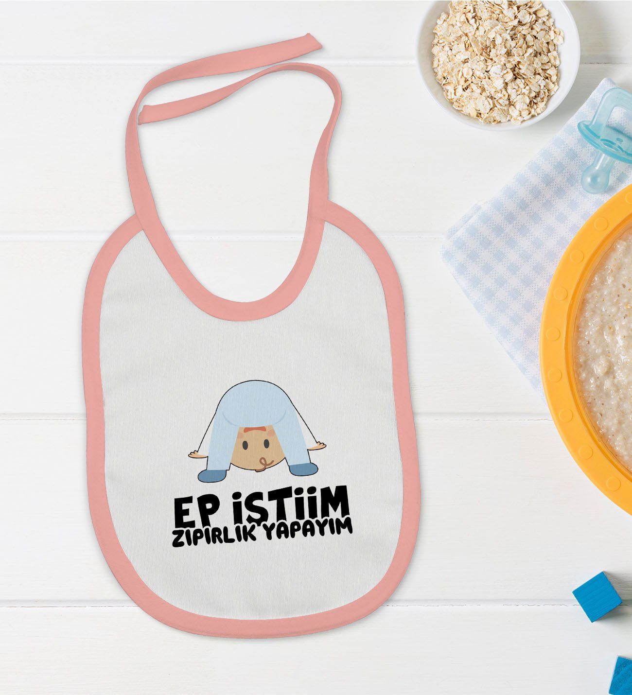 BK Kids Ep İstiim Zıpırlık Tasarımlı Pembe Bebek Mama Önlüğü-1