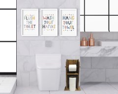 BK Home Doğal Masif Ahşap Tuvalet Kağıtlığı ve Dekoratif 3’lü Ahşap Beyaz Çerçeveli Tablo-3