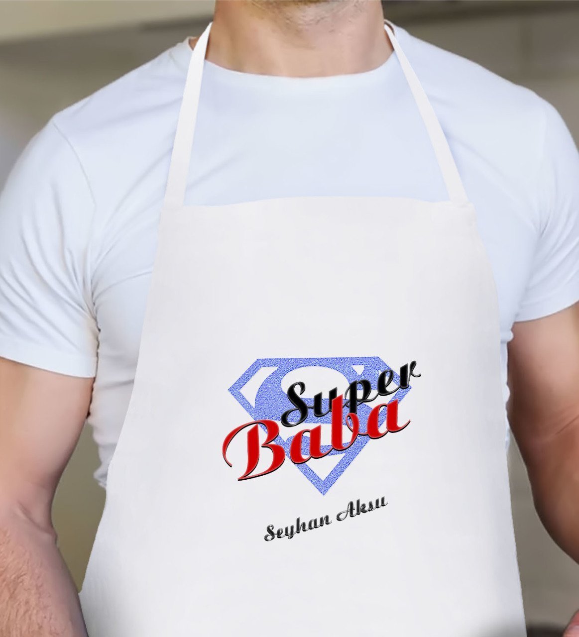 Kişiye Özel Süper Baba Tasarımlı Beyaz Mutfak Önlüğü-5