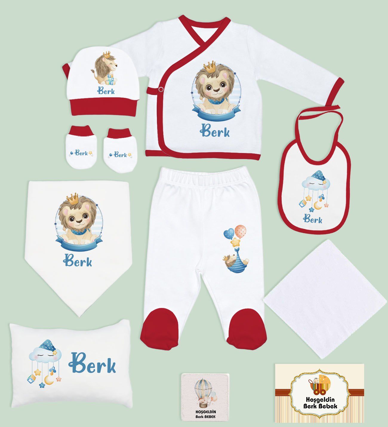 BK Kids Kişiye Özel 10 Parça Kırmızı Hastane Çıkışı Battaniye ve Yastık Hediye Seti, Yeni Doğan Bebek Giyim Hediyesi-8
