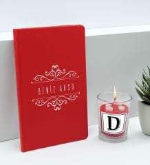 BK Gift Kişiye Özel İsimli Kırmızı Defter ve Cam Bardakta Kalp Figürlü Kokulu Mum Hediye Seti-7, Sevgiliye Hediye, Arkadaşa Hediye