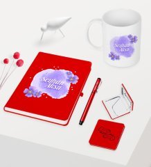 Kadınlar Gününe Özel Kırmızı Defter Kalem Kupa Ayna Seti - 16
